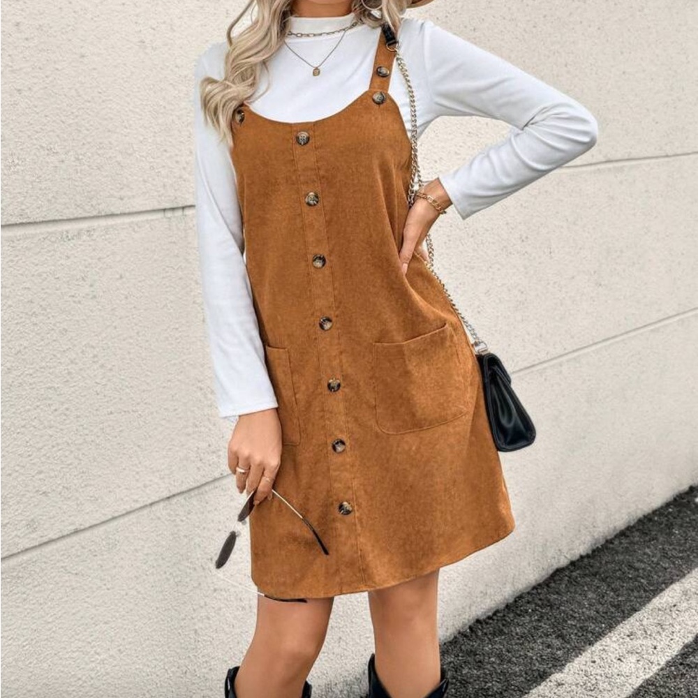 SHEIN Tan Button-Front Mini Dress